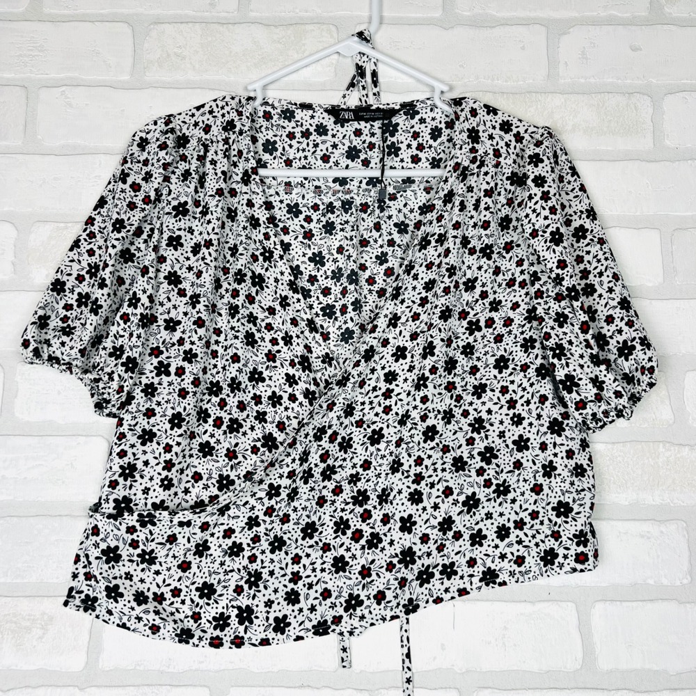 Zara Womens Floral Wrap Top White Black Red Ditsy Puff Sleeve Blouse Medium